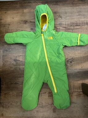 The North Face Bright Green Infant Hooded Snowsuit with Yellow Trim